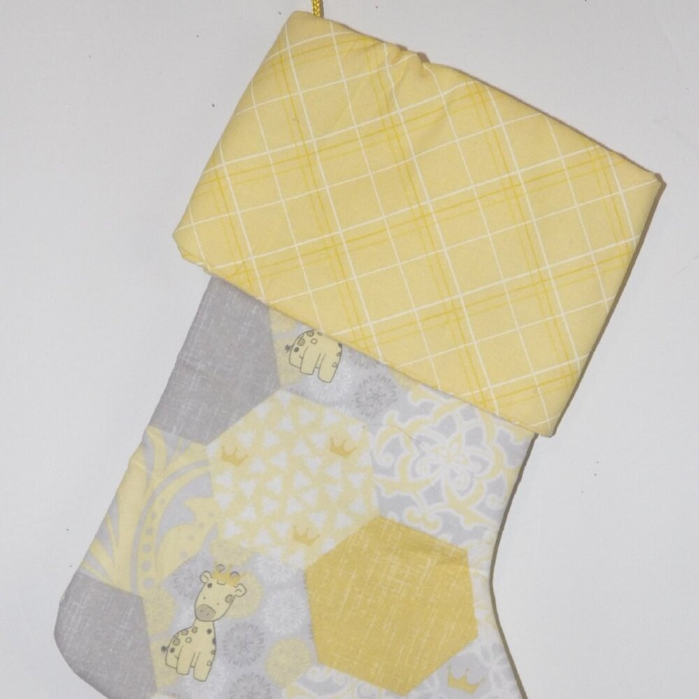 Baby Giraffes Yellow Gray White 14" Hand Crafted Christmas Stocking Yellow Cord